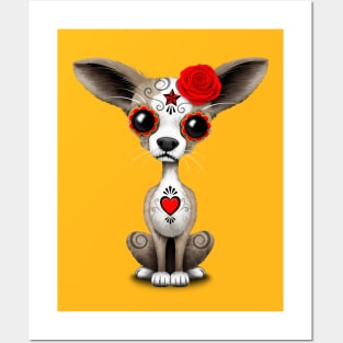 Red Day of the Dead Sugar Skull Chihuahua Puppy Posters and Art